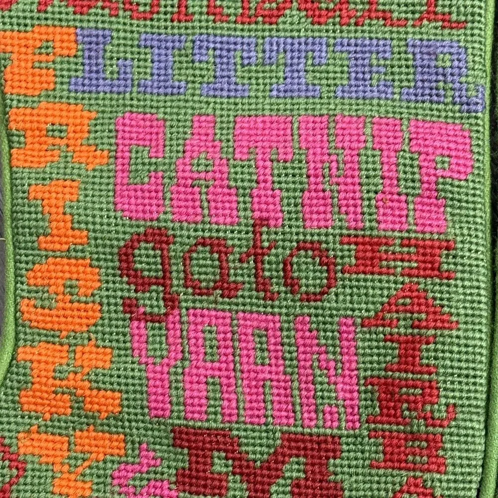 Pottery Barn Vintage Christmas Stocking Set Green CAT Needlepoint Wool Y2K Lot 2